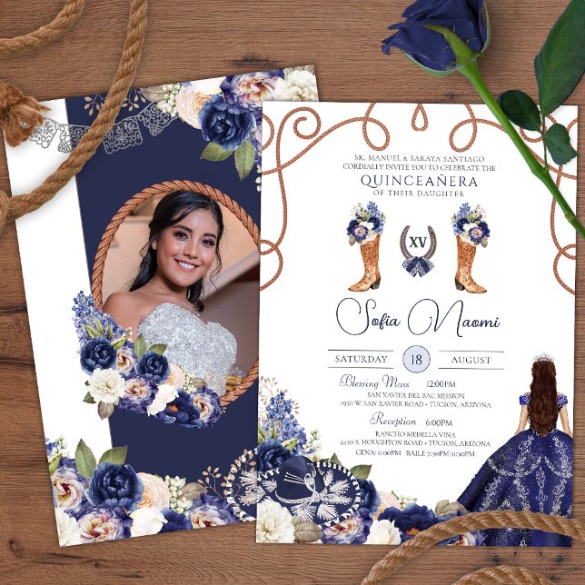 Convites Blue Rustic Floral Charro Photo Quinceañera (Criador carregado)