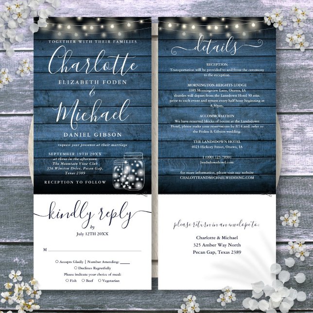 Convites Blue Rustic Mason Jars Luz Tudo Em Um Casamento (Blue Rustic Mason Jars Lights All In One Wedding Invitation)