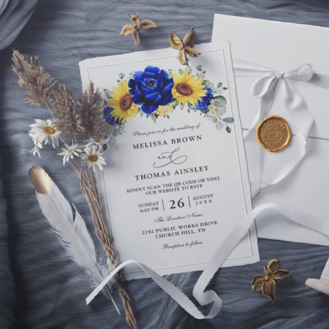 Convites Blue Rustic Sunflower Budget QR Code Wedding (Criador carregado)