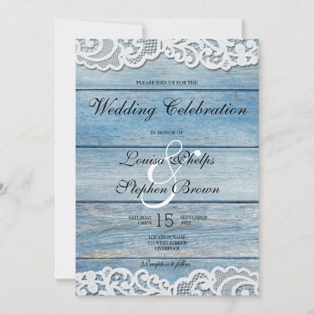 Convites Blue Rustic Wood and Lace Weds (Frente)