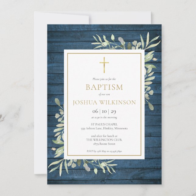 Convites Blue Rustic Wood Greenere Baptism Christening (Frente)