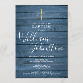 Convites Blue Rustic Wood Script Baptism Christening