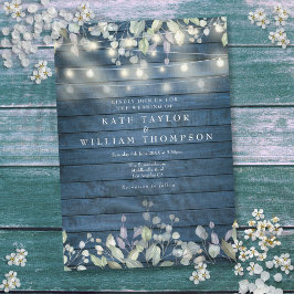 Convites Blue Rustic Wood String Luz verde Casamento