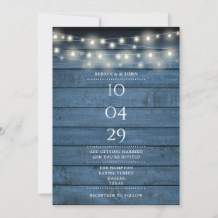 Convites Blue Rustic Wood String Luzes Data de Casamento