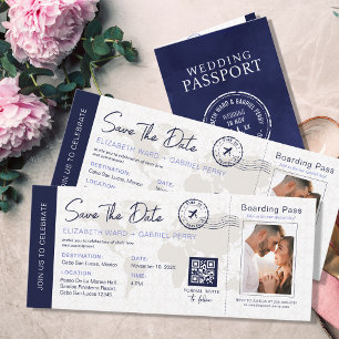 Convites Blue Save the Date Destino Casamento Código QR