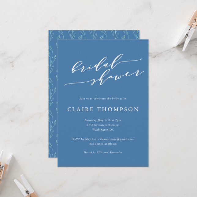 Convites Blue Script Floral Bold Romantic Bridal Shower (Frente/Verso In Situ)