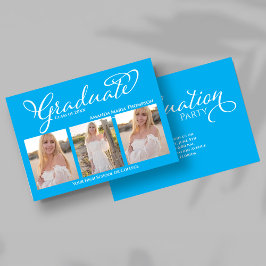 Convites Blue Script Photo Collage Graduation Announcement