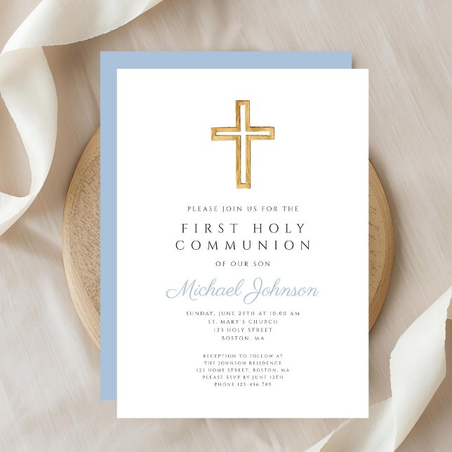 Convites Blue Script Religious Cross Boy First Communion (Blue Script Religious Cross Boy First Communion Invitation)