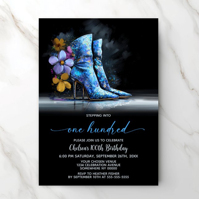 Convites Blue Sequin Boots 100th Birthday Party (Criador carregado)