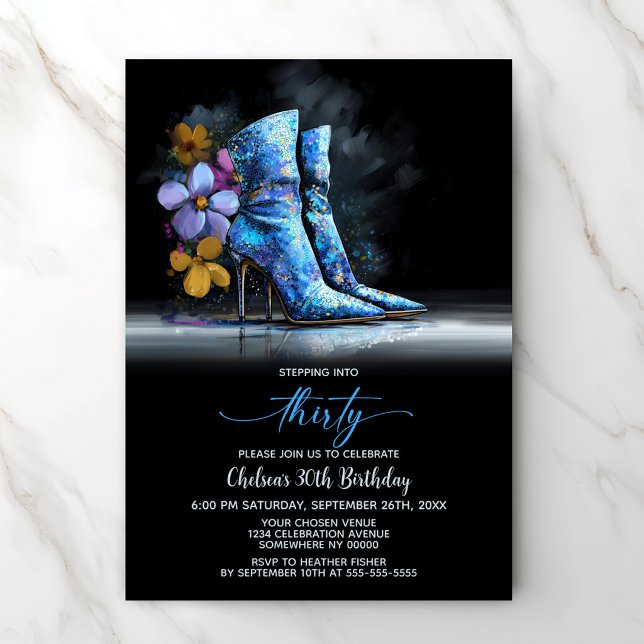 Convites Blue Sequin Boots 30th Birthday Party (Criador carregado)