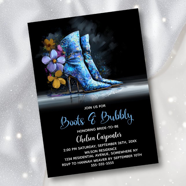 Convites Blue Sequin Boots and Bubbly Bridal Shower (Criador carregado)