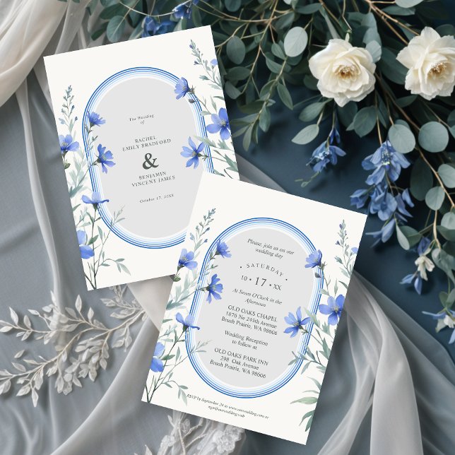Convites Blue Shades Cherish Botanical Wildflowers Branches (Delicate Blue Shades Cherish Botanical Wildflowers Branches Wedding Invitations. )