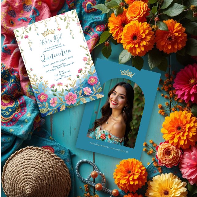 Convites Blue Shades Spanish Mexican XVs Floral Border (Colorful Blue Shades Spanish Mexican Inspired Floral Border Embroidery Style Quinceañera Invitation )