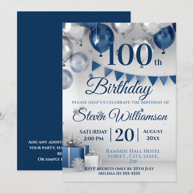 Convites Blue Silver 100º aniversário (Frente/Verso)