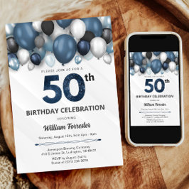 Convites Blue Silver Black & White 50th Aniversário Invitat