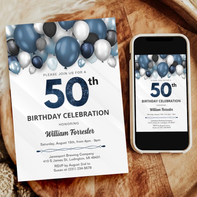 Convites Blue Silver Black & White 50th Aniversário Invitat (Blue Silver Black & White 50th Birthday Invitation)
