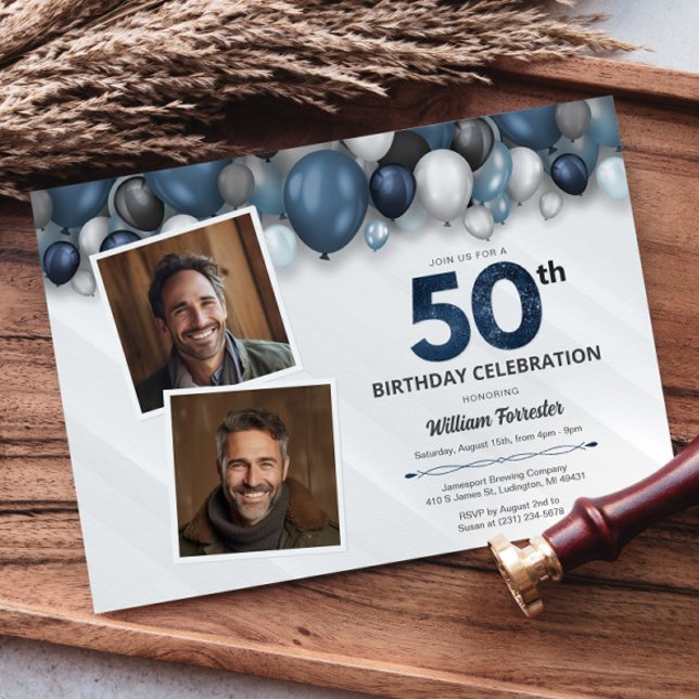 Convites Blue Silver Black & White 50th Birthday 2 Foto (Blue Silver Black & White 50th Birthday 2 Photo Invitation)