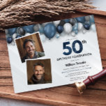Convites Blue Silver Black & White 50th Birthday 2 Foto<br><div class="desc">Faça uma declaração ousada para a sua próxima festa de aniversário com o nosso Blue Silver Black and White Invitation Suite! Defina o tom para uma celebração na moda e inesquecível com este tema marcante que combina elegância clássica.</div>