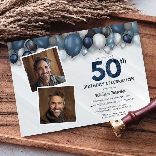 Convites Blue Silver Black & White 50th Birthday 2 Foto