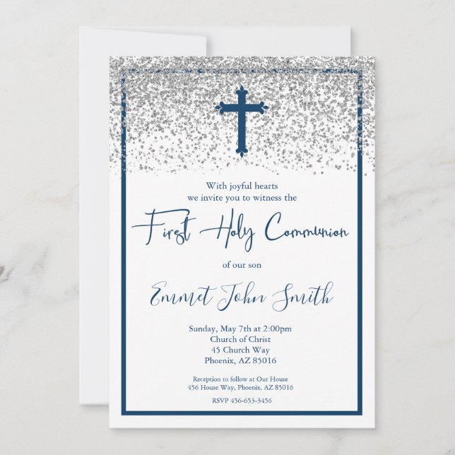 Convites Blue Silver Boy First Holy Communion (Frente)