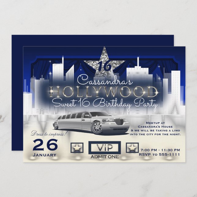 Convites Blue Silver City Lights Limo Partido Hollywood (Frente/Verso)