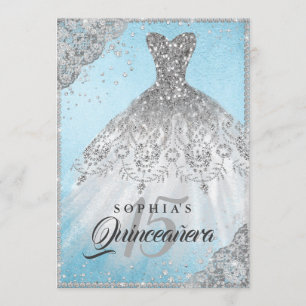 Convites Blue Silver Diamond Lace Sparkle Gown Quinceanera