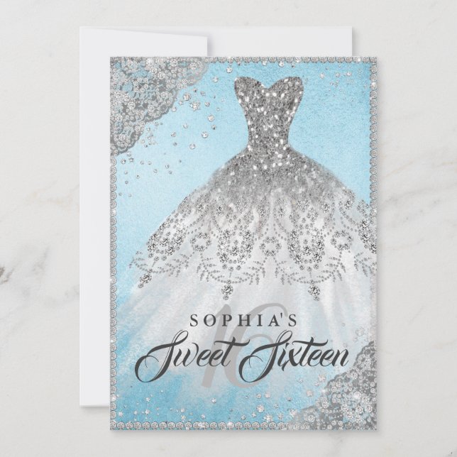 Convites Blue Silver Diamond Sparkle Gown 16 (Frente)
