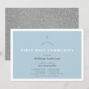 Convites Blue Silver Glitter Boy Primeira Comunhão Santa
