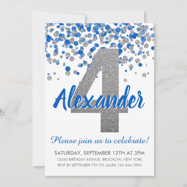 Convites Blue Silver Glitter Confetti Boy quarto aniversári (Frente)