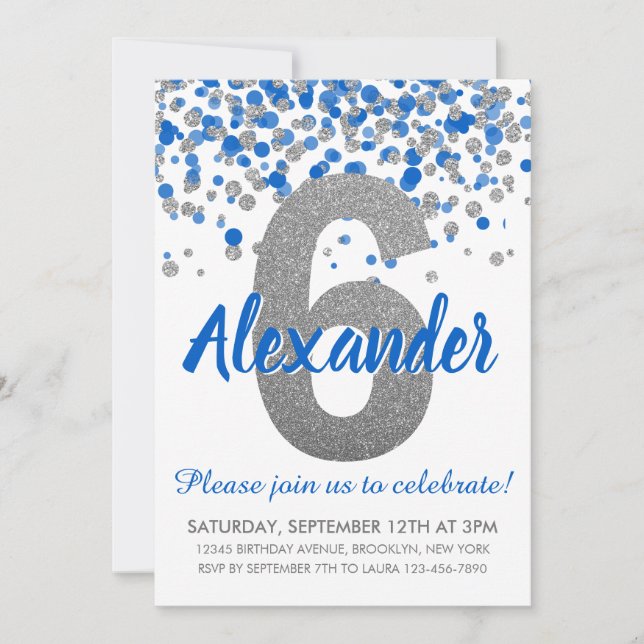 Convites Blue Silver Glitter Confetti Boy Sexto Aniversário (Frente)
