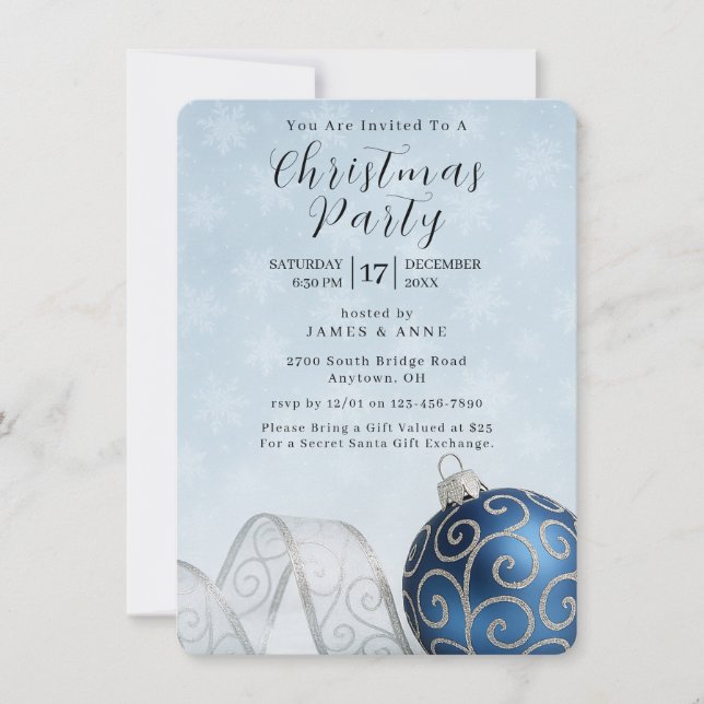 Convites Blue & Silver Ornament Christmas Party Invitation (Frente)