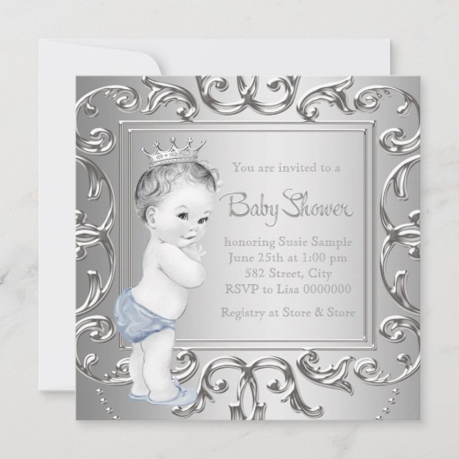 Convites Blue Silver Prince Baby Shower Invents (Frente)