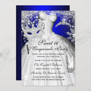 Convites Blue & Silver Princess Mascarada Sweet 16 Invite