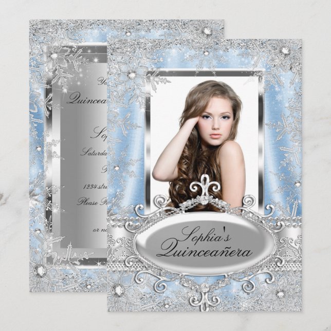 Convites Blue Silver Sparkle Jewel Snowflake Quinceanera (Frente/Verso)