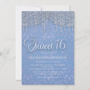 Convites Blue Silver String Lights Damask Sweet 16