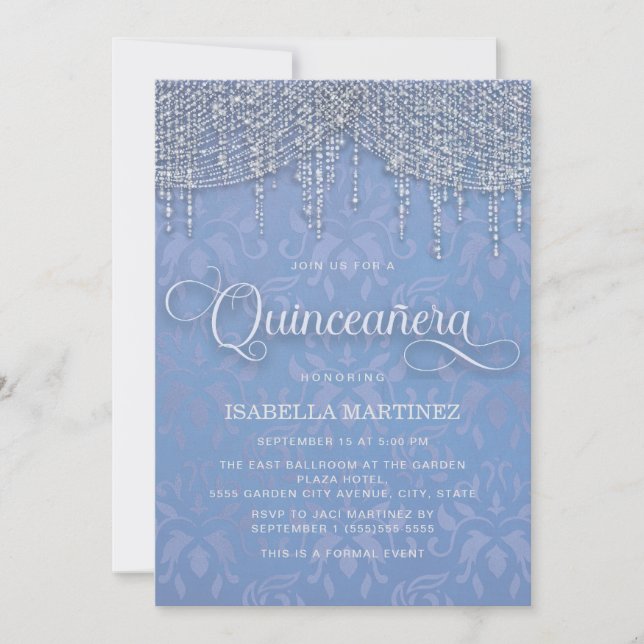 Convites Blue Silver String Luzes Damask Quinceañera (Frente)
