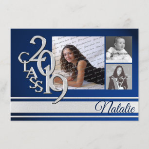 Convites Blue Silver Varsity 2019 Graduation Three Photo