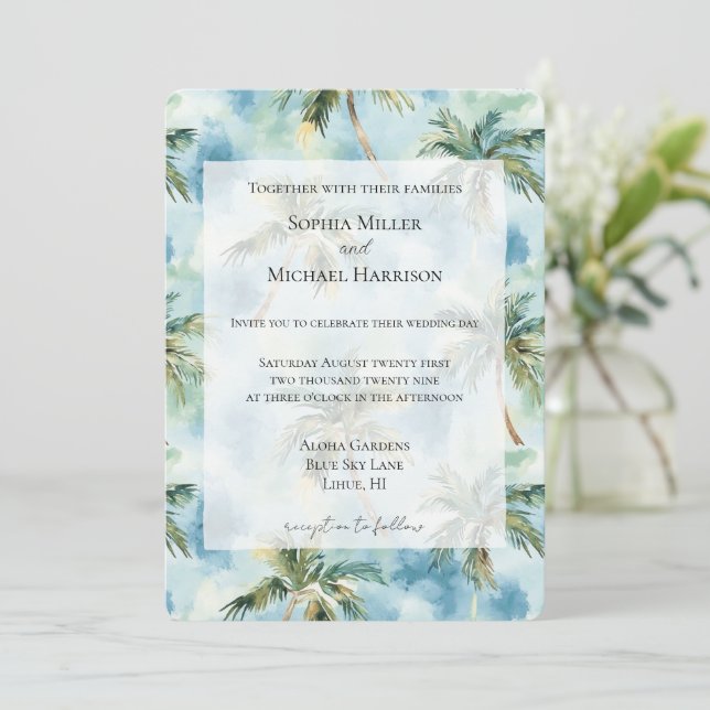 Convites Blue Skies Tropical Island Palm Trees Wedding (Em pé/Frente)