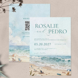 Convites Blue Sky Summer Beach Watercolor QR Code Wedding