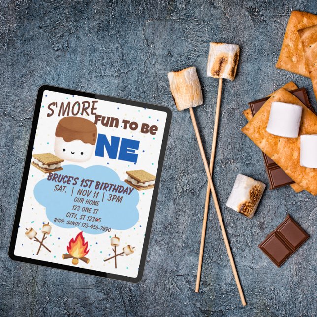 Convites Blue, S'More Fun to be One, 1st Birthday (Criador carregado)