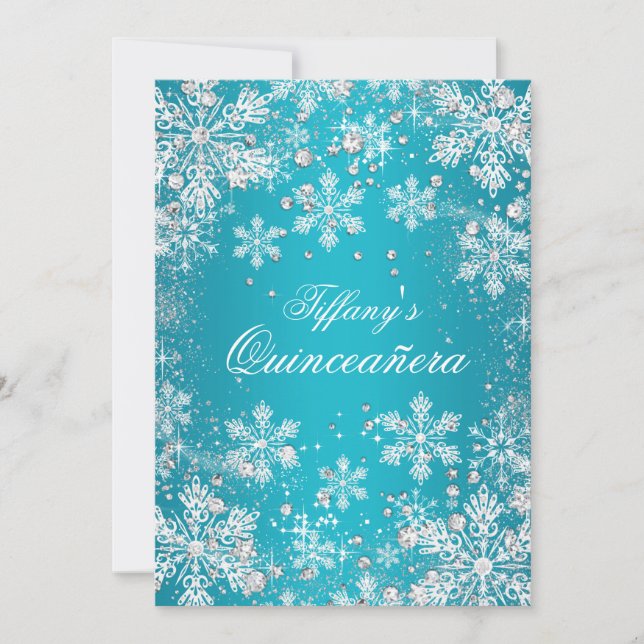 Convites Blue Snowflake Inverno Terra dos Sonhos Quinceaner (Frente)