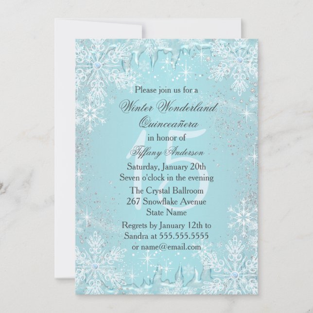 Convites Blue Snowflake Winter Wonderland Quinceanera (Frente)