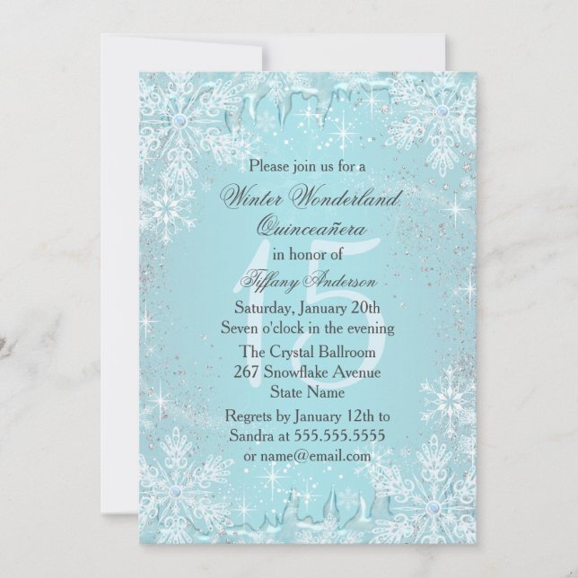 Convites Blue Snowflake Winter Wonderland Quinceanera (Frente)