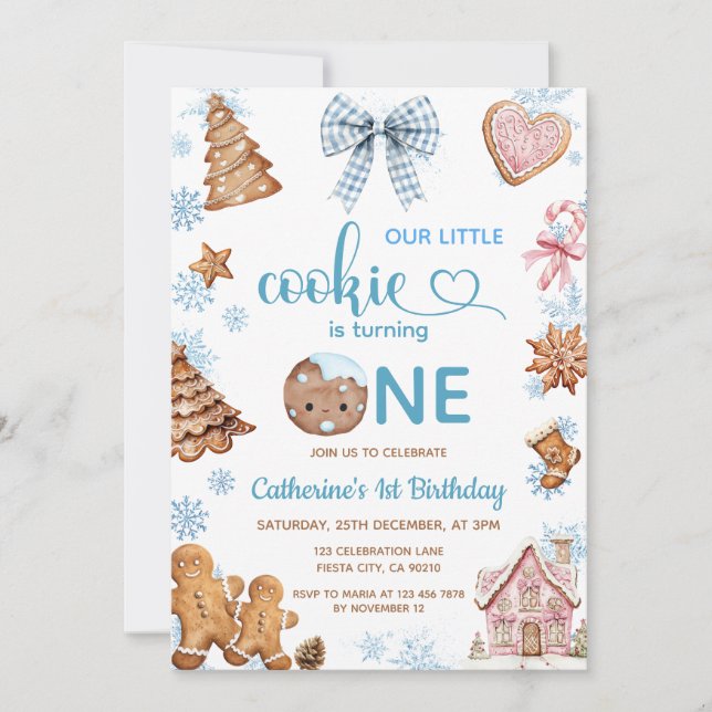 Convites Blue Snowflakes Gingerbread Christmas 1st Birthday (Frente)