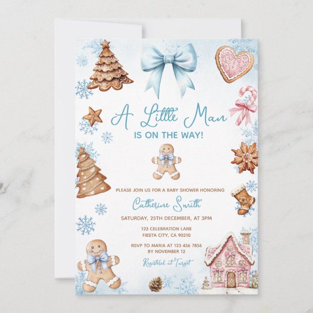 Convites Blue Snowflakes Gingerbread Christmas Baby Shower (Frente)