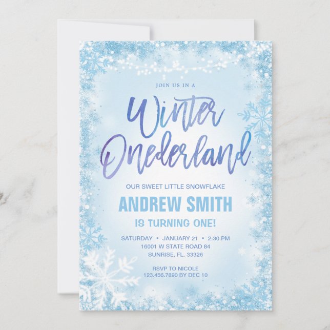 Convites Blue Snowflakes Winter Onederland Birthday (Frente)
