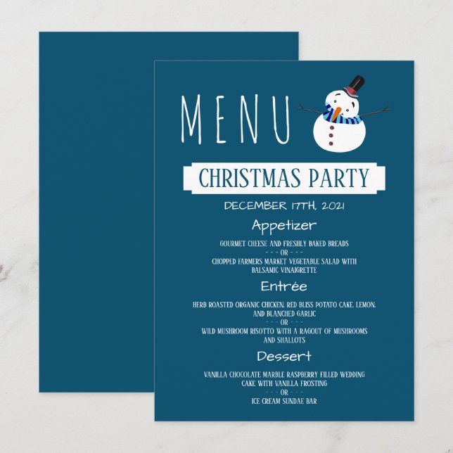 Convites Blue Snowman, Menu da Festa de Natal (Frente/Verso)