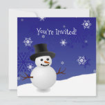 Convites Blue Snowman Winter Scense Christmas Invitation<br><div class="desc">Convide convidados para a sua festa de férias com este malvado convite de Natal da Cena de Neve Azul. Convidar design apresenta um feliz boneco de neve em uma cena de vento de neve contra um fundo azul real adornado com flocos de neve de cor correspondente que você pode personalizar...</div>