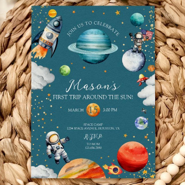 Convites Blue Space Rocket & Astronaut 1st Trip Around (Criador carregado)