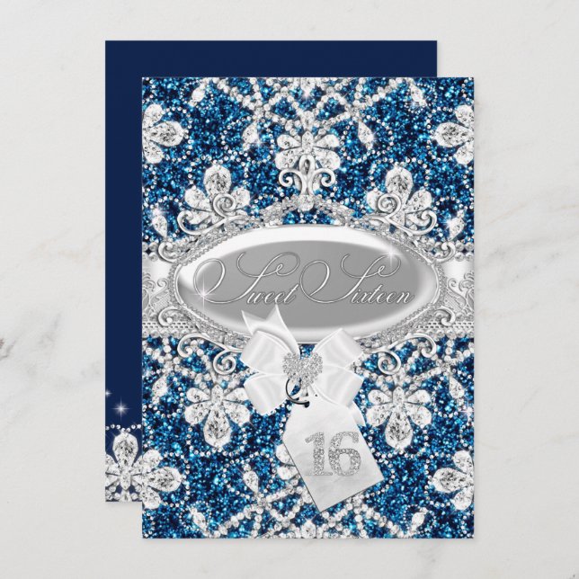 Convites Blue Sparkle Diamond & Glitter Sweet 16 Invite (Frente/Verso)